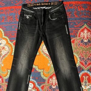 Men's rock Revival Boot Cut Jeans. Black 34W